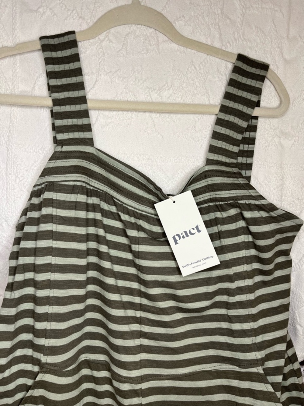 NWT Pact Organic Cotton Striped Wide Leg Jumpsuit - Olive & Grey - Picture 2 of 5